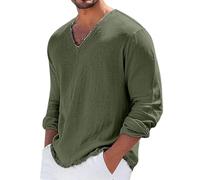 Camiseta de lino de manga larga para hombre, cuello en V, dobladillo deshilachado, camisetas de playa, ajuste relajado, transpirables, cómodas camisetas de lino de algodón, camisetas casuales de moda