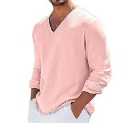 Camiseta de lino de manga larga para hombre, cuello en V, dobladillo deshilachado, camisetas de playa, ajuste relajado, transpirables, cómodas camisetas de lino de algodón, camisetas casuales de moda