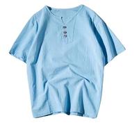 Camiseta de lino de verano para hombre, talla grande, delgada, holgada, de algodón, de manga corta, transpirable, absorbe el sudor, manga pequeña (azul, L)