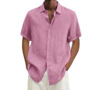Camiseta de lino para hombre de manga corta con capucha, ligera y fina, manga larga, de algodón y lino, con botones, talla grande, para el tiempo libre, ligera, Rosa., L-7XL
