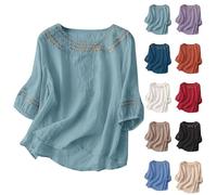 Camiseta de lino para mujer, blusa medieval de lino para mujer, manga 3/4, camisa de lino, camiseta de cuello redondo, blusa de muselina, holgada, elegante, camiseta de lino, tallas grandes, parte
