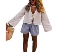 Camiseta de lino para mujer, con lazo frontal, camisa coqueta Y2K, manga larga, cuello en V profundo, blusa suelta de verano, casual, vintage, bohemia, para vacaciones, playa, salir, ropa de calle,