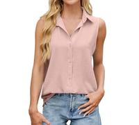 Camiseta de lino para mujer, elegante, informal, con botones, cuello en V, sin mangas, blusa de verano para oficina, Rosa 2, M
