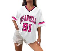 Camiseta de Los Ángeles para mujer, de béisbol, de gran tamaño, con números Y2K, con gráfico de rayas, cuello en V, de calle, camiseta gráfica a rayas, top informal, camiseta deportiva de verano, M