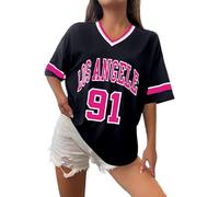 Camiseta de Los Ángeles para mujer, estilo béisbol, de gran tamaño, con números Y2K, gráfica de rayas, cuello en V, de calle, camiseta gráfica a rayas, top casual, para el verano, camiseta deportiva