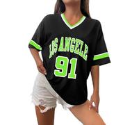 Camiseta de Los Ángeles para mujer, jerseys de béisbol, de gran tamaño, Y2K, con números, diseño gráfico de rayas, camisa casual, cuello en V, ropa deportiva informal, camiseta gráfica a rayas, top