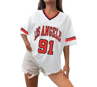 Camiseta de Los Ángeles para mujer, jerseys de béisbol, de gran tamaño, Y2K, con números, diseño gráfico de rayas, camisa casual, cuello en V, ropa deportiva informal, camiseta gráfica a rayas, top