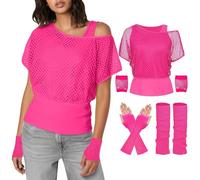 Camiseta de malla para mujer, camiseta de tirantes para mujer, camiseta de malla, disfraz de neón, calentador de piernas, guantes de malla, juego típico de hombros descubiertos para fiesta temática