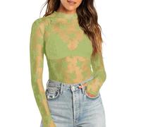 Camiseta de malla para mujer, elegante encaje, parte superior de fiesta, parte superior transparente, parte superior de manga larga, rave rave, atuendo brillante, negro, elegante, blusa transparente