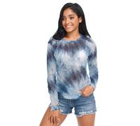 Camiseta de malla para mujer, manga larga transparente, talla S, Remolinos de teñido anudado de algodón azul rubor, XXL