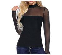 Camiseta de malla transparente para mujer, cuello alto, camiseta transparente, informal, club, fiesta, camisetas negras, Negro , M