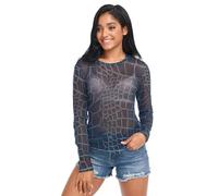 Camiseta de malla transparente para mujer, cuello redondo, talla S, Piel en relieve de cocodrilos brillantes azul marino profundo, XL
