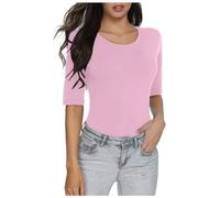 Camiseta de manga 3/4 con cuello en V para mujer, ajuste regular, disponible en tallas extragrandes, para primavera, cuello redondo, para salir, blusa lisa, holgada, casual, túnica básica, rosa, S