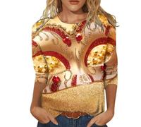Camiseta de manga 3/4 con cuello redondo para mujer, diseño con texto "Happy Holidays", dorado, L