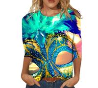 Camiseta de manga 3/4 con texto "Happy Holidays", cuello redondo, para mujer, azul, XXL
