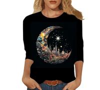 Camiseta de Manga 3/4 para Mujer 2024 Talla Grande Estilo Formal Casual con Diseño Gráfico y Cuello Redondo Top Moda (Blue, M)