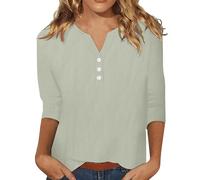 Camiseta de manga 3/4 para mujer, algodón y lino, monocolor, cuello en V, parte superior con botones, manga 3/4, blusa ligera y transpirable, camiseta de verano 2025, verde, L