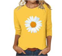 Camiseta de manga 3/4 para mujer, camiseta básica de verano, camiseta informal, túnica, ajustada, informal, estampado de girasoles, camisetas de manga larga, clásicas, blusas de cuello redondo