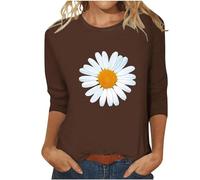 Camiseta de manga 3/4 para mujer, camiseta básica de verano, camiseta informal, túnica, ajustada, informal, estampado de girasoles, camisetas de manga larga, clásicas, blusas de cuello redondo