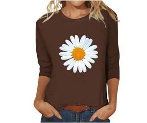 Camiseta de manga 3/4 para mujer, camiseta básica de verano, camiseta informal, túnica, ajustada, informal, estampado de girasoles, camisetas de manga larga, clásicas, blusas de cuello redondo