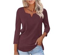 Camiseta de manga 3/4 para mujer, casual, color liso, cuello en V, ajuste holgado, manga larga, versátil, suave, ligera, básica, moderna, elegante, para otoño, 002 y vino, XL