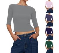 Camiseta de manga 3/4 para mujer con cuello barco, corte ajustado, camiseta básica de manga larga de tejido elástico elástico, parte superior informal que realza la figura, monocolor, suave y