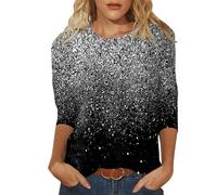 Camiseta de manga 3/4 para mujer con estampado de lentejuelas y cuello redondo, Negro , XXL