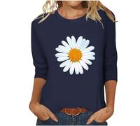 Camiseta de manga 3/4 para mujer, con estampado de margaritas, informal, cuello redondo, blusa holgada, camiseta de manga larga, camiseta de algodón, camiseta clásica, cómoda, camiseta deportiva de