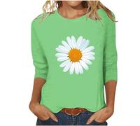 Camiseta de manga 3/4 para mujer, con estampado de margaritas, informal, cuello redondo, blusa holgada, camiseta de manga larga, camiseta de algodón, camiseta clásica, cómoda, camiseta deportiva de