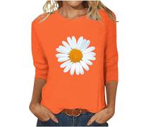 Camiseta de manga 3/4 para mujer, con estampado de margaritas, informal, cuello redondo, holgada, ligera, de manga larga, de algodón, clásica, cómoda, deportiva, de verano, naranja, M
