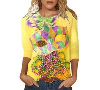 Camiseta de manga 3/4 para mujer, con purpurina, manga tres cuartos, celebraciones, vintage, máscaras, cuello redondo, túnica divertida, disfraz de payaso, amarillo, L