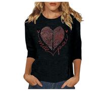 Camiseta de manga 3/4 para mujer, cuello redondo, camiseta holgada con estampado de San Valentín, camiseta blanca, Negro , M
