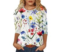 Camiseta de manga 3/4 para mujer, cuello redondo, corte entallado, camiseta de media manga, camiseta de primavera, camiseta informal de algodón, color marrón oscuro, azul, XXL