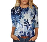 Camiseta de manga 3/4 para mujer, cuello redondo, corte entallado, manga media, camiseta de primavera, camiseta de algodón informal, camiseta ancha para mujer, azul oscuro, XL