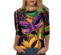 Camiseta de manga 3/4 para mujer, cuello redondo, divertida, colorida, manga tres cuartos, celebraciones, camiseta para adolescentes, casual, disfraz de payaso, #01-04, L