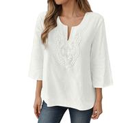 Camiseta de manga 3/4 para mujer, de algodón, ligera, de lino, elegante, cuello en V, blusa sexy, encaje, flores, bordado, camiseta larga, cómoda, ropa de calle, folklore informal, túnica, O blanco