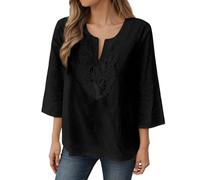 Camiseta de manga 3/4 para mujer, de algodón, ligera, de lino, elegante, cuello en V, blusa sexy, encaje, flores, bordado, camiseta larga, cómoda, ropa de calle, folklore informal, túnica, O negro., M