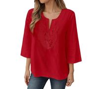 Camiseta de manga 3/4 para mujer, de algodón, ligera, de lino, elegante, cuello en V, blusa sexy, encaje, flores, bordado, camiseta larga, cómoda, ropa de calle, folklore informal, túnica, O rojo3