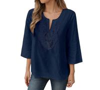 Camiseta de manga 3/4 para mujer, de algodón, ligera, de lino, elegante, cuello en V, blusa sexy, encaje, flores, bordado, camiseta larga, cómoda, ropa de calle, folklore informal, túnica, O Navy, M