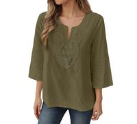 Camiseta de manga 3/4 para mujer, de algodón, ligera, de lino, elegante, cuello en V, blusa sexy, encaje, flores, bordado, camiseta larga, cómoda, ropa de calle, folklore informal, túnica, O verde1