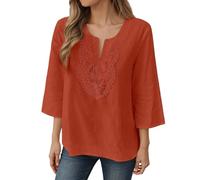 Camiseta de manga 3/4 para mujer, de algodón, ligera, de lino, elegante, cuello en V, blusa sexy, encaje, flores, bordado, camiseta larga, cómoda, ropa de calle, folklore informal, túnica, O rojo2