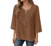 Camiseta de manga 3/4 para mujer, de algodón, ligera, de lino, elegante, cuello en V, blusa sexy, encaje, flores, bordado, camiseta larga, cómoda, ropa de calle, folklore informal, túnica, O Marrón, L