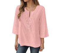 Camiseta de manga 3/4 para mujer, de algodón, ligera, de lino, elegante, cuello en V, blusa sexy, encaje, flores, bordado, camiseta larga, cómoda, ropa de calle, folklore informal, túnica, O rojo1, XL