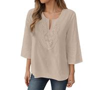 Camiseta de manga 3/4 para mujer, de algodón, ligera, de lino, elegante, cuello en V, blusa sexy, encaje, flores, bordado, camiseta larga, cómoda, ropa de calle, folklore informal, túnica, O Khaki, L