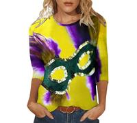 Camiseta de manga 3/4 para mujer, diseño con texto "Happy Holidays", cuello redondo, amarillo, XL