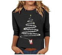 Camiseta de manga 3/4 para mujer, diseño de árbol de Navidad, camisetas con gráfico de Navidad, informal, cómoda, capa base, camiseta de cuello redondo, blusa, tallas grandes S-6XL, Negro, L