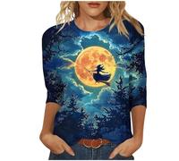 Camiseta de manga 3/4 para mujer, diseño de bruja en el bosque, camiseta de Halloween con estampado pintoresco, camiseta mística para la temporada de otoño, Style_y03 Blue, XL