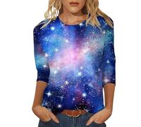 Camiseta de manga 3/4 para mujer, diseño de cielo estrellado galaxia, cuello redondo, manga 3/4, azul oscuro, M