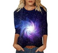 Camiseta de manga 3/4 para mujer, diseño de cielo estrellado galaxia, cuello redondo, manga 3/4, camiseta sexy para mujer, Negro , M