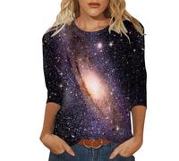 Camiseta de manga 3/4 para mujer, diseño de cielo estrellado galaxia, cuello redondo, manga 3/4, color negro, marrón, XXL